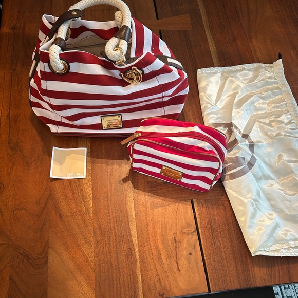 Michael Kors Red and White Striped Tote and Pouch - Picture 1 of 9